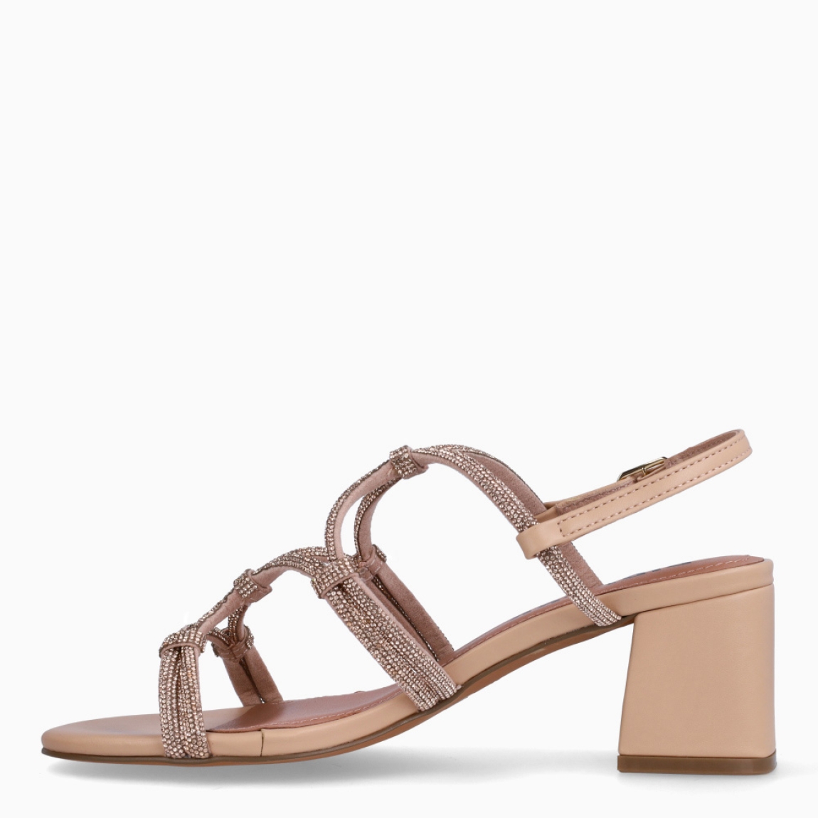 Sandalias de la marca BIBI LOU, modelo QUAIL. Sandalias elabordas en material sintético color nude, con punta redonda que aporta suavidad, mientras que los brillos decorativos en las tiras cruzadas de la pala añaden un toque luminoso y femenino. Sandalias BIBI LOU con cierre de hebilla en tobillo y suela plana de 2 cm, que esultan ligeras y cómodas para el uso diario. Estas sandalias BIBI LOU QUAIL son ideales para looks casuales, paseos de día o combinaciones urbanas con un toque refinado.