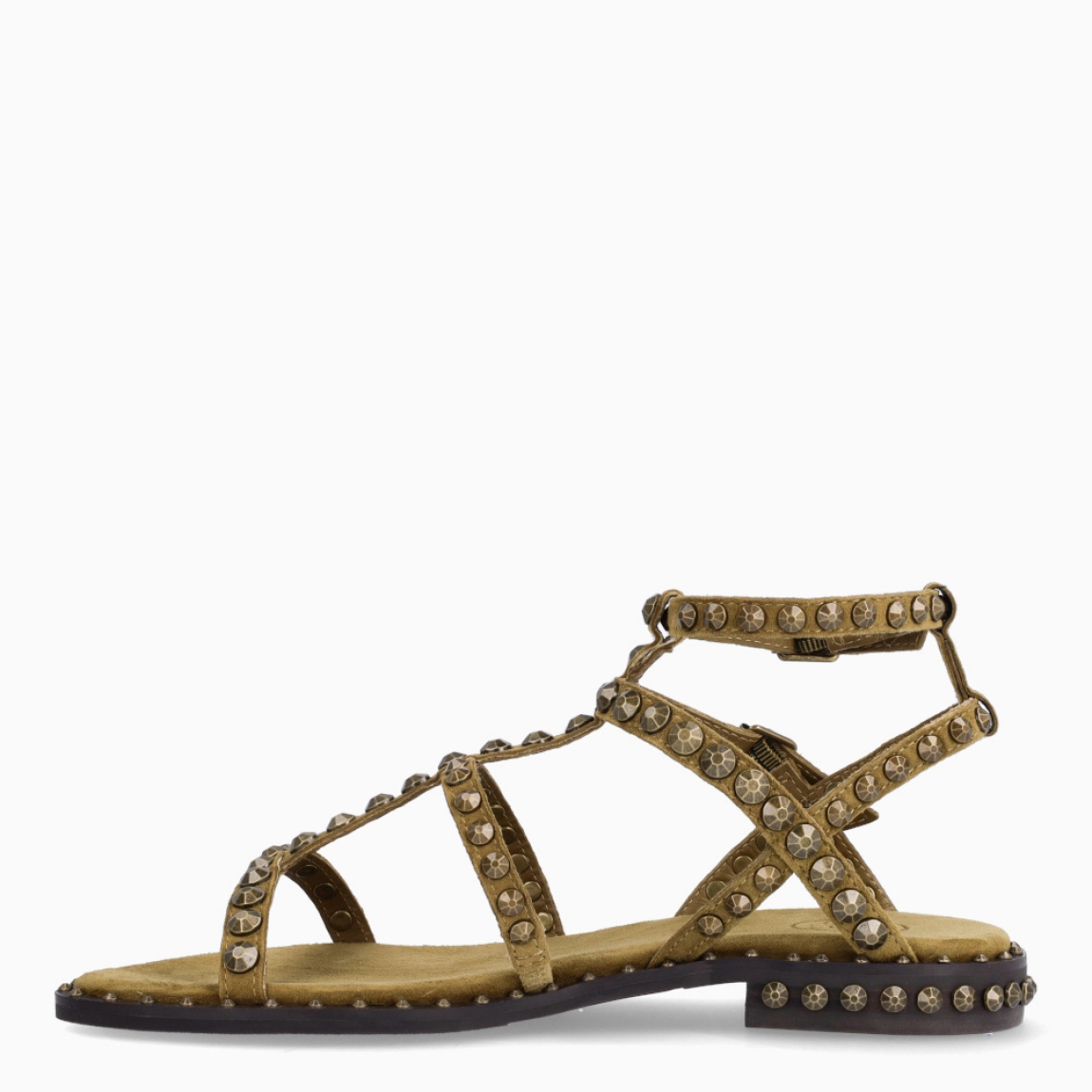 Sandalias de la marca ASH, modelo PRECIOUS. Elaboradas en ante color verde con detalle de tachuelas doradas y tiras hasta arriba. Interior en ante color verde. Cierre de sandalias ASH con doble hebilla en tobillo. Suela plana de goma. Estas sandalias ASH PRECIOUS son ideales para llevar tus looks de temporada con estilo y comodidad!