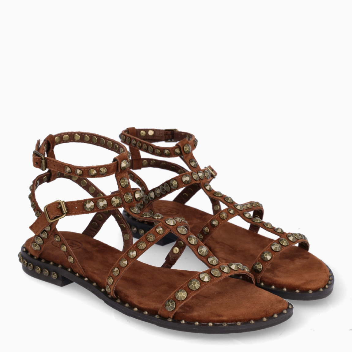 Sandalias de la marca ASH, modelo PRECIOUS. Elaboradas en ante color marrón con detalle de tachuelas doradas y tiras hasta arriba. Interior en ante color marrón. Cierre de sandalias ASH con doble hebilla en tobillo. Suela plana de goma. Estas sandalias ASH PRECIOUS son ideales para llevar tus looks de temporada con estilo y comodidad!