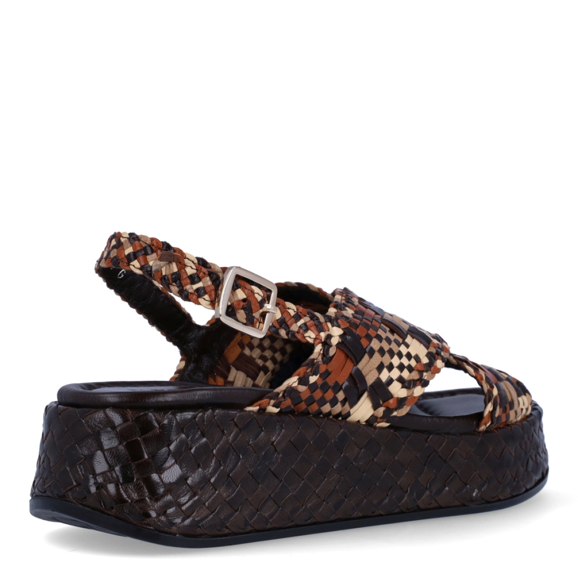 Sandalias de la marca Pons Quintana, modelo MAUI. Elaboradas en piel trenzada multicolor. Interior en piel color negro. Cierre de sandalias Pons Quintana MAUI con hebilla en tobillo. Suela con 5cm de plataforma. Sandalias Pons Quintana MAUI ideales para acompañarte en tu día a día con comodidad y elegancia. Con ellas destacarás allá donde vayas!