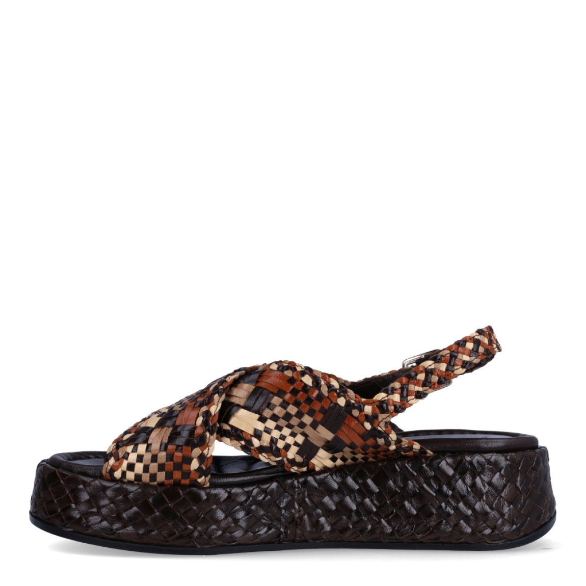 Sandalias de la marca Pons Quintana, modelo MAUI. Elaboradas en piel trenzada multicolor. Interior en piel color negro. Cierre de sandalias Pons Quintana MAUI con hebilla en tobillo. Suela con 5cm de plataforma. Sandalias Pons Quintana MAUI ideales para acompañarte en tu día a día con comodidad y elegancia. Con ellas destacarás allá donde vayas!