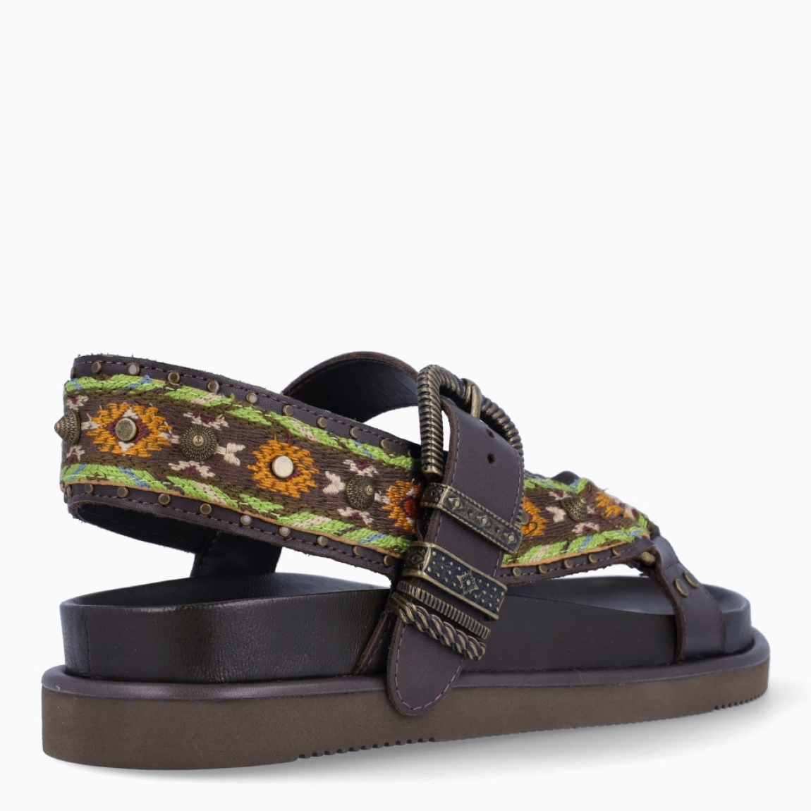 Sandalias de la marca ASH, modelo UNICA. Elaboradas en piel color marrón con estampado de figuras y colores simbolizando cultura africana. Interior en piel color negro. Cierre de sandalias ASH con hebilla en tobillo con aplicaciones en plateado. Suela de goma plana. Estas sandalias ASH UNICA son un complemento ideal en estilo y comodidad, una pieza que no te puede faltar en tus looks de temporada!