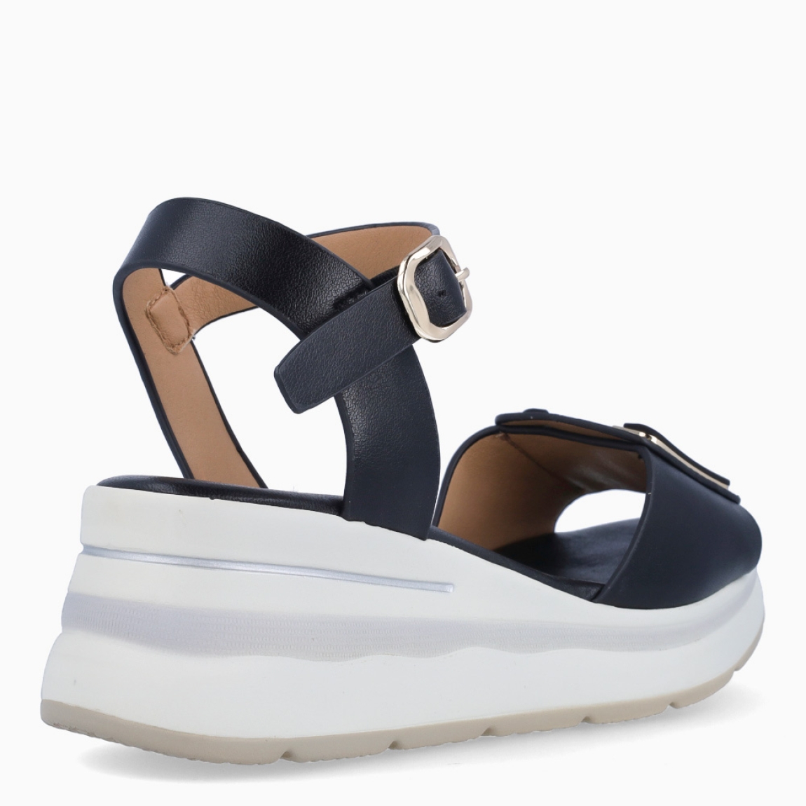 Sandalias de la marca Donna Serena, modelo MIRTA. Elaboradas en piel color negro con detalle de logo 