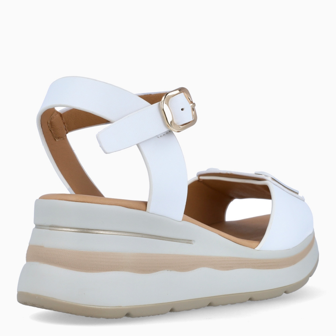 Sandalias de la marca Donna Serena, modelo MIRTA. Elaboradas en piel color blanco con detalle de logo 