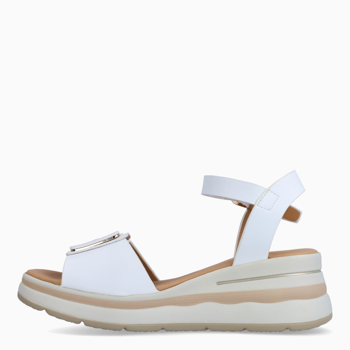 Sandalias de la marca Donna Serena, modelo MIRTA. Elaboradas en piel color blanco con detalle de logo 