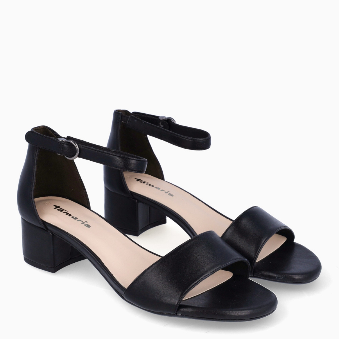 Sandalias de la marca Tamaris, modelo ANGELINA. Sandalias elaboradas en polipiel color negro con tira en pala. Interior en piel color nude y cierre de hebilla en tobillo. Sandalias Tamaris con tacón de 4cm de altura. Estas sandalias Tamaris ANGELINA son un complemento ideal para ti!