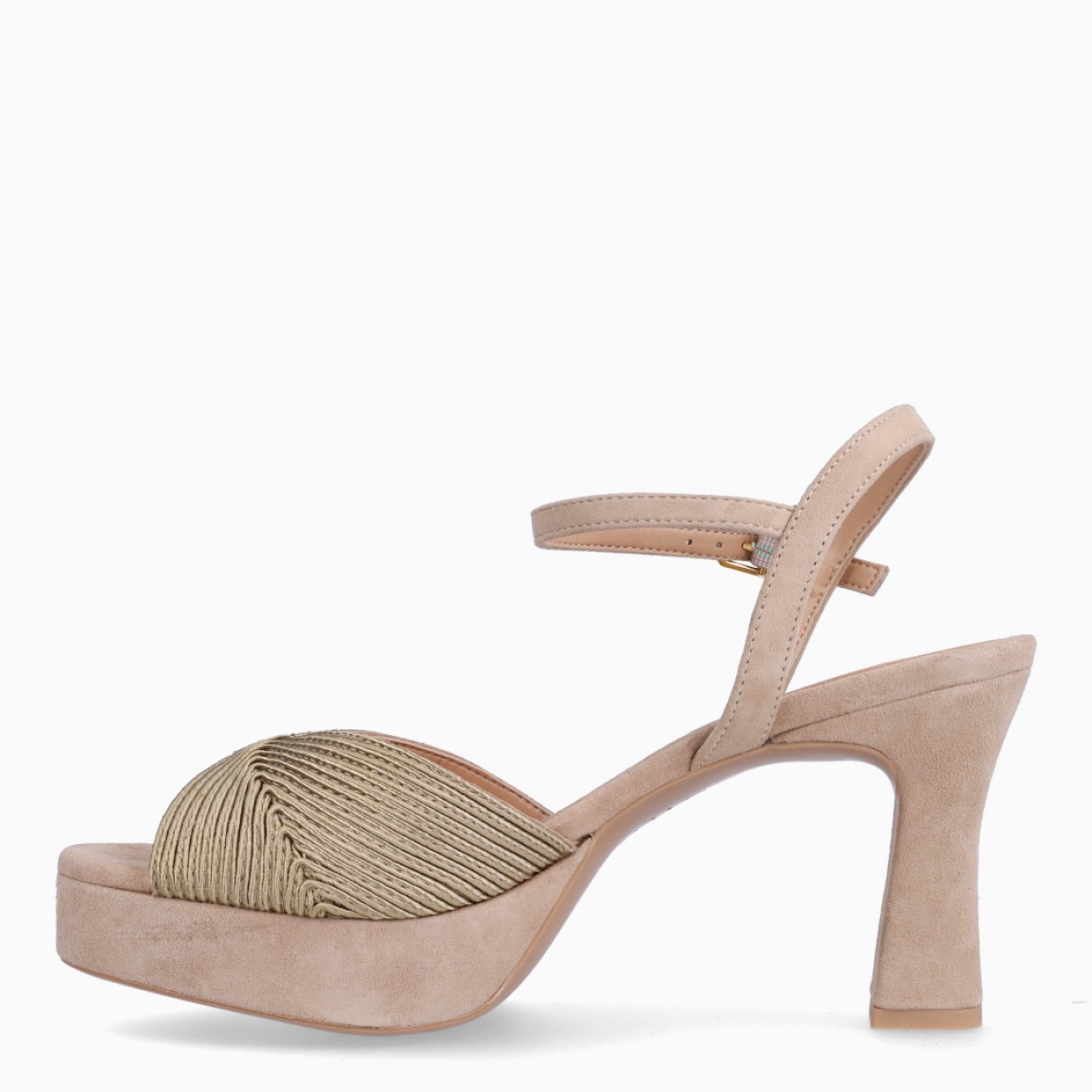 Sandalias de la marca Unisa, modelo OJEDA. Exterior en piel color beig con pala dorada. Interior en piel color nude. Cierre de sandalias Unisa con hebilla en tobillo y un tacón de 8cm de altura. Estas sandalias Unisa OJEDA son un complemento clásico e ideal para lucir tus looks de esta temporada!