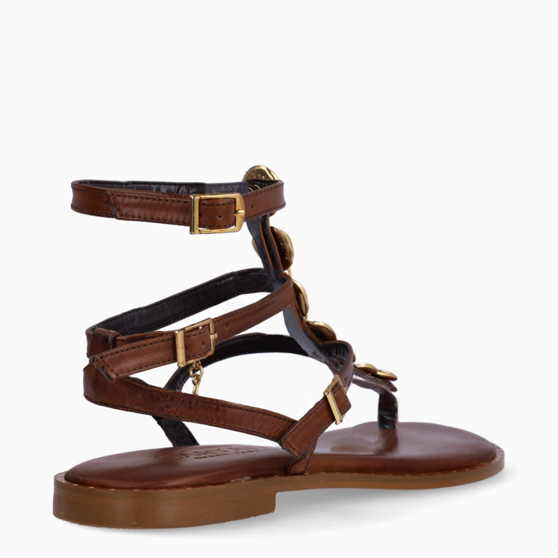 Esclavas de la marca Caryatis, modelo BEATRIZ. Exterior de las sandalias en piel color marrón con detalles en metal dorado en la pala. Cierre de las sandalias con triple hebilla. Estas sandalias Caryatis BEATRIZ, tiene un estilo elegante e innovador, que te hará crear diferentes looks elegantes.