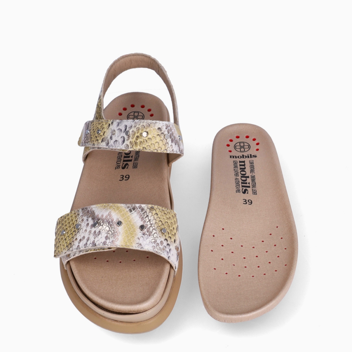 Sandalias de la marca Mephisto, modelo AZUNNA. Exterior en piel color amarillo con estampado en animal print serpiente. Interior en piel color beig. Cierre con doble velcro en pala. Sandalias Mephisto con plataforma de 4cm de altura. Estas sandalias Mephisto AZUNNA son ideales para esta temporada, te darán la comodidad y estilo en tu día a día!