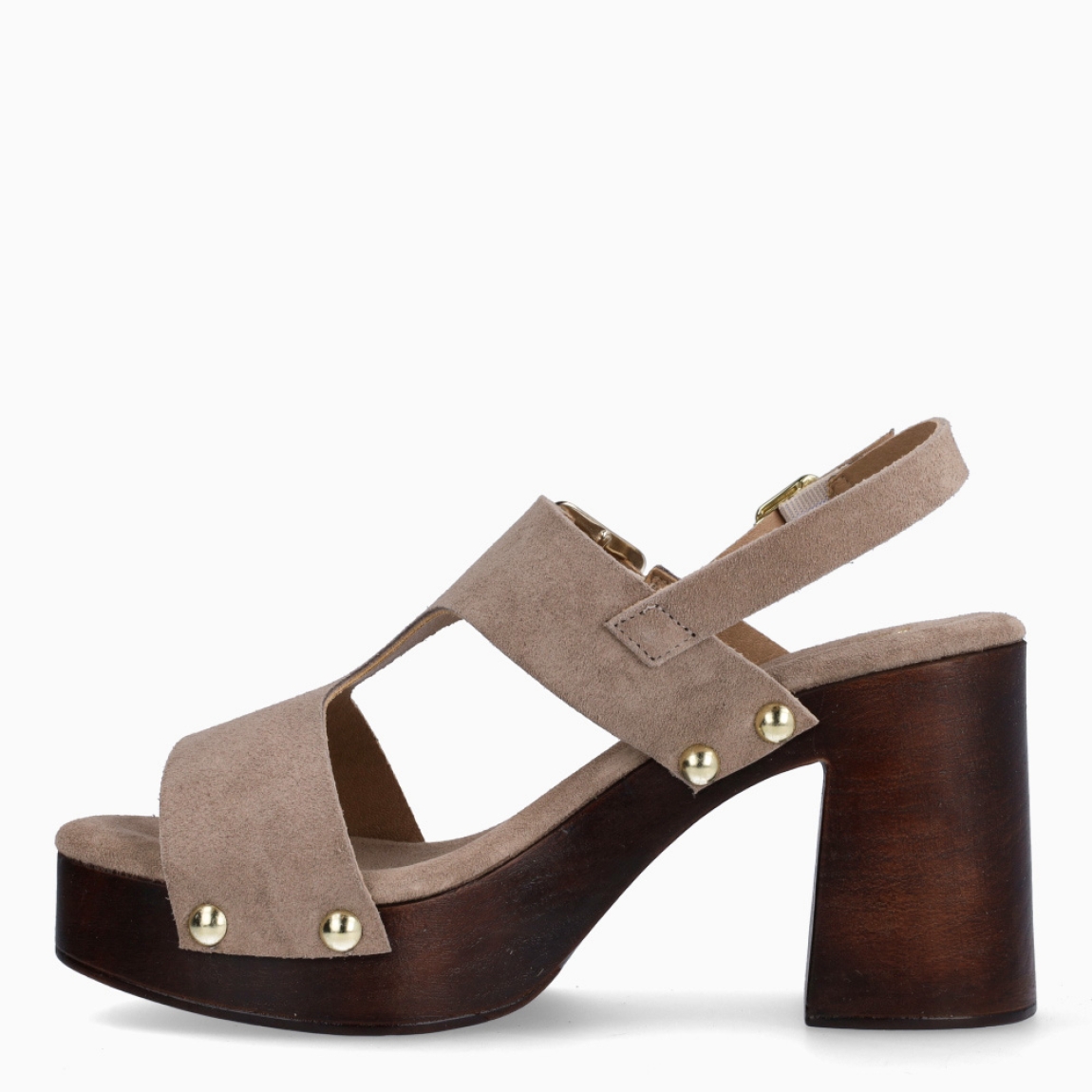 Sandalias de la marca Itse, modelo CETARA. Elaboradas en ante color taupe con hebilla grande en pala. Interior en ante color taupe. Cierre de sandalias Itse con hebilla en tobillo y suela con tacón de 9cm de altura. Estas sandalias Itse CETARA son ideales para ti!