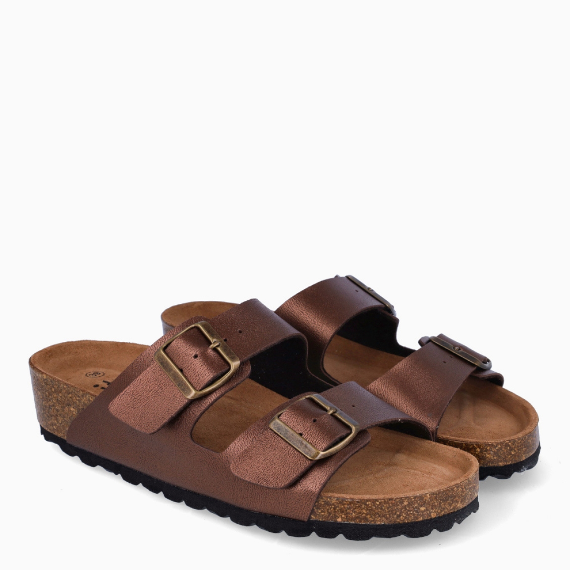 Sandalias de la marca Itse, modelo AZABU. Sandalias elaboradas en piel color marrón con efecto brillante. Sandalias con interior en corcho. Suela de goma y plana. Cierre de sandalias Itse con doble hebilla en pala. Sandalias Itse AZABU, unas clásicas para tu fondo de armario esta temporada de verano!