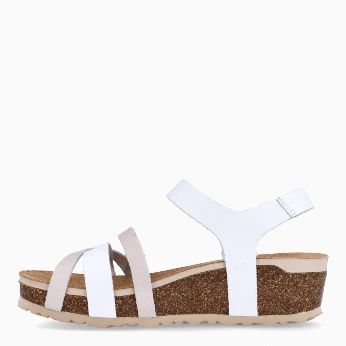 Sandalias de la marca Inter Bios, modelo MIA. Sandalias con tiras elaboradas en piel blanco y beig. Cierre de las sandalias con velcro y suela de goma con cuña de 5cm de altura. Estas sandalias Inter Bios MIA son ideales para elevar tus looks con la comodidad máxima que necesitas en tu día a día.