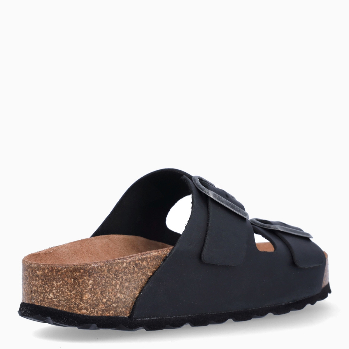 Sandalias Itse, modelo BASTILLE. Sandalias elaboradas en piel color negro. Sandalias con cierre de doble hebilla en la pala. Interior en corcho. Suela plana. Sandalias Itse BASTILLE, ideal para llevar en tu día a día, con comodidad y frescura.