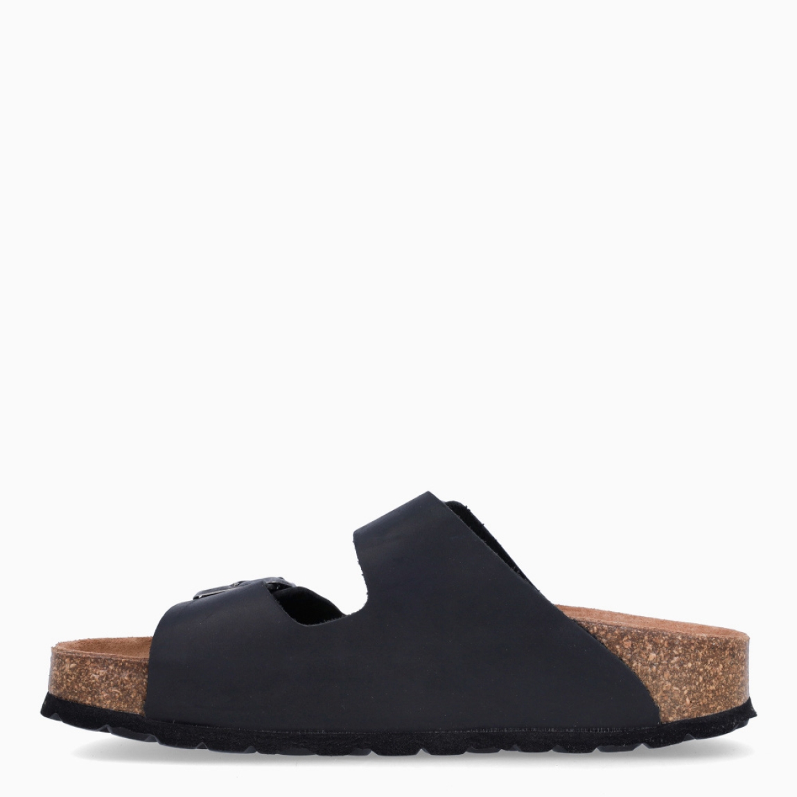Sandalias Itse, modelo BASTILLE. Sandalias elaboradas en piel color negro. Sandalias con cierre de doble hebilla en la pala. Interior en corcho. Suela plana. Sandalias Itse BASTILLE, ideal para llevar en tu día a día, con comodidad y frescura.