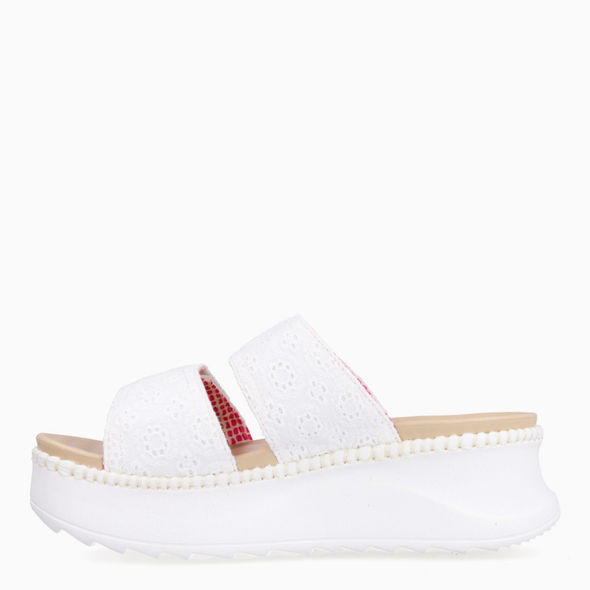 Sandalias de la marca Heydude, modelo DELRAY. Exterior elaborado en tela color blanco con diseños estampados. Interior en piel color nude. Cierre de sandailas Heydude con doble velcro en la pala. Sandalias con cuña de 5cm de altura. Estas sandalias Heydude DELRAY son un complento básico, clásico y cómodo para tu día a día!