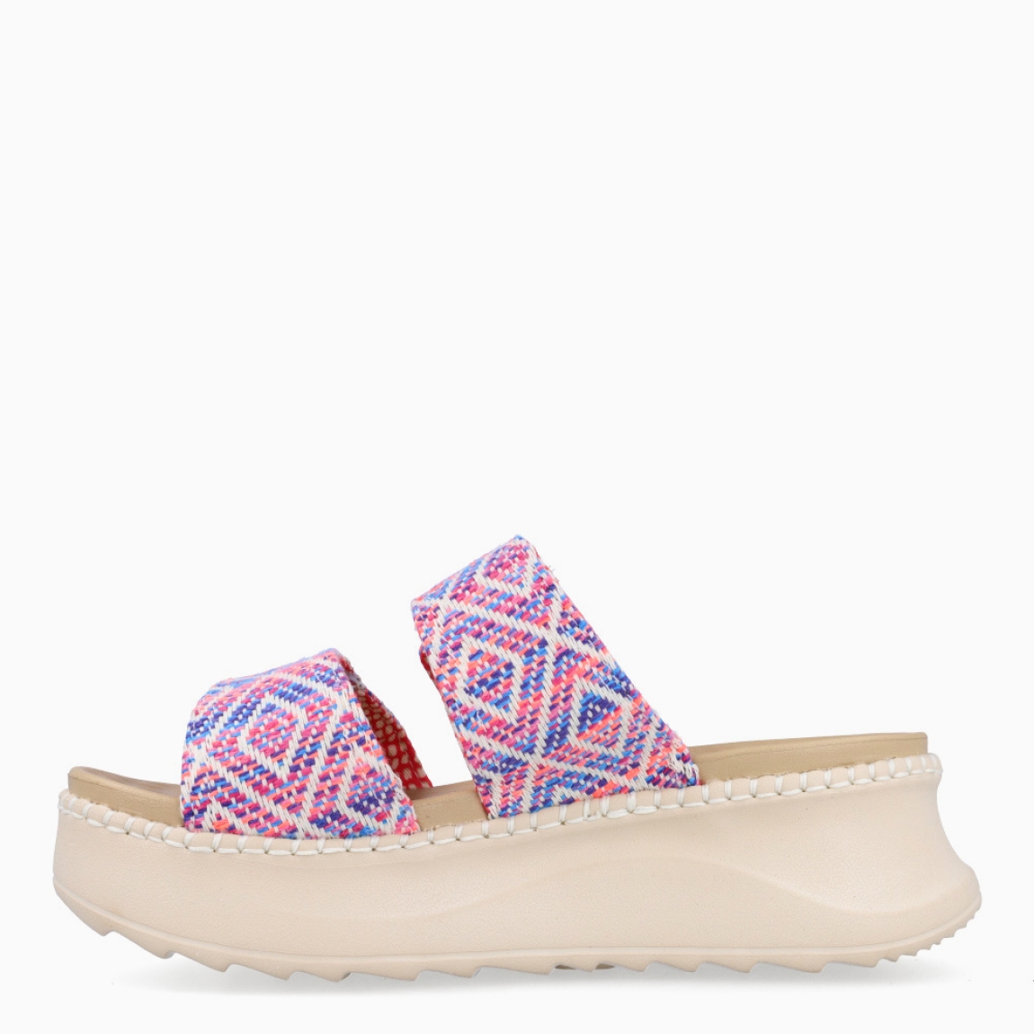 Sandalias de la marca Heydude, modelo DELRAY. Exterior elaborado en tela multicolor con diseños estampados. Interior en piel color camel. Cierre de sandalias Heydude con doble velcro en la pala. Sandalias con cuña de 5cm de altura. Estas sandalias Heydude DELRAY son un complento básico, clásico y cómodo para tu día a día!