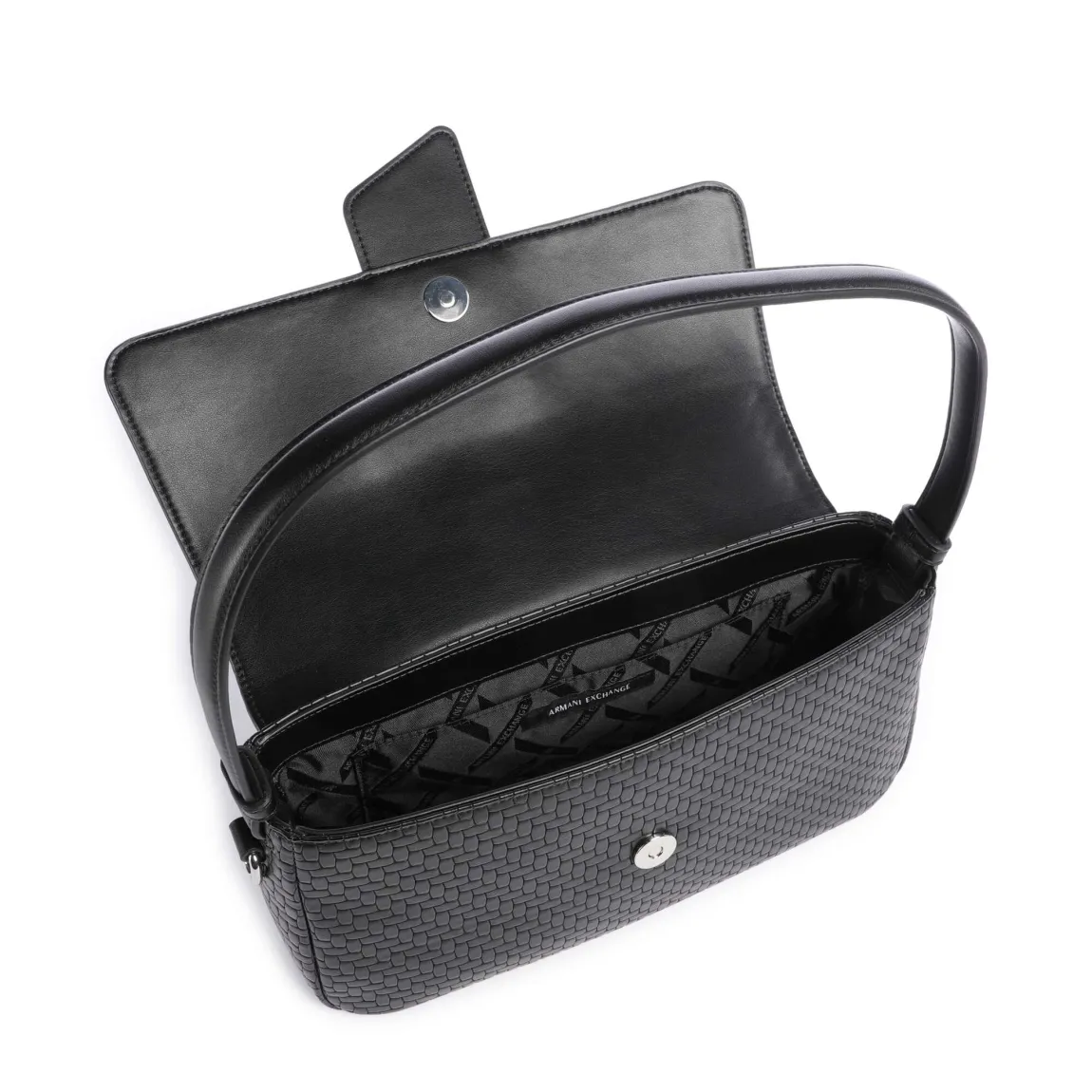 Bolso de la marca Armani Exchange, modelo DEBORA. Bolso elaborado en ecopiel con efecto trenzado color negro. Bolso con logo forro polyester. Bolso Armani Exchange con cierre magnético. Con asas, una extraíble y ajustable correa de hombro (longitud cerca de 110-115 cm). Bolso con herrajes de metal plateado. Bolso Armani Exchange DEBORA, ideal para llevar a todos lados! Medidas: alto 15cm y ancho 28cm.