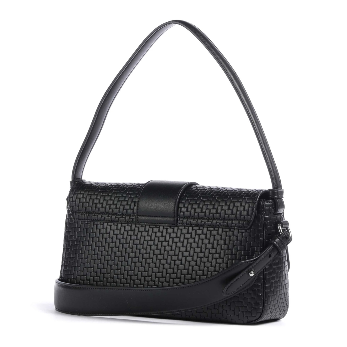 Bolso de la marca Armani Exchange, modelo DEBORA. Bolso elaborado en ecopiel con efecto trenzado color negro. Bolso con logo forro polyester. Bolso Armani Exchange con cierre magnético. Con asas, una extraíble y ajustable correa de hombro (longitud cerca de 110-115 cm). Bolso con herrajes de metal plateado. Bolso Armani Exchange DEBORA, ideal para llevar a todos lados! Medidas: alto 15cm y ancho 28cm.