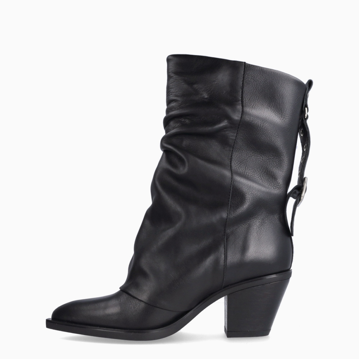 Botines de la marca Munné, modelo THE. Botines elaborados en piel con efecto corrugado de color negro. Botines con punta lápiz y tacón grueso de 6cm de altura. Detalle de hebilla en parte de atrás. Interior en piel color beig. Botines Munné THE, ideales para esta temporada, su diseño le aportará estilo, elegancia y comodidad a tus looks!