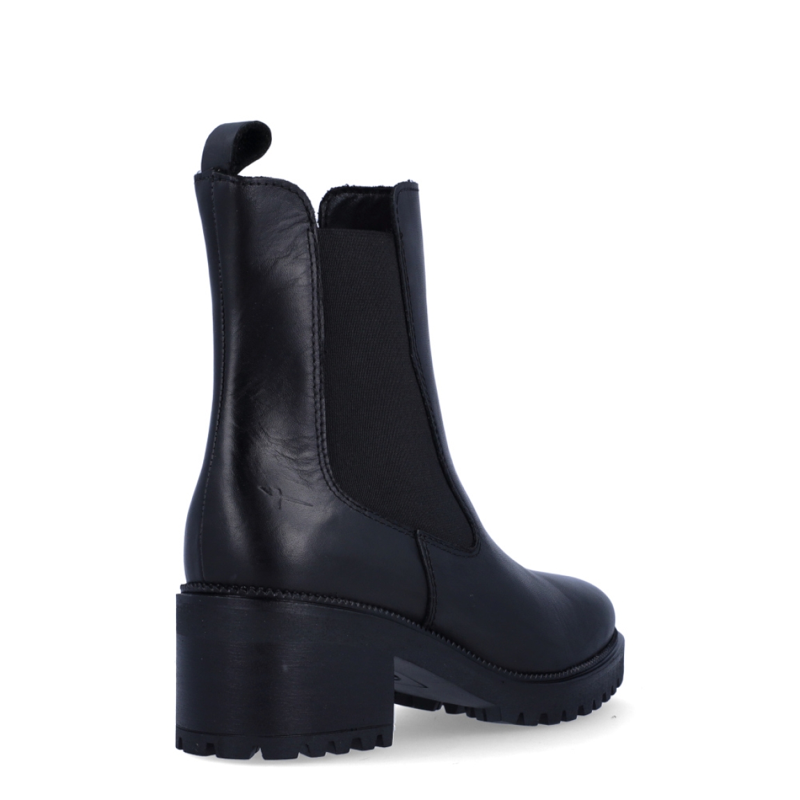 Botines chelsea de tacón de la marca Tamaris, modelo CITY. Confeccionados en suave piel lisa de primera calidad en color negro, presentan una elegante silueta de caña media con elásticos laterales y tirador trasero para un calce rápido y flexible. Incorporan una plantilla interior acolchada de alto confort, un estable tacón ancho en bloque de 5 cm y una suela track de goma dentada que garantiza un agarre seguro en cualquier superficie. Ideales para combinar con pantalones de vestir, faldas midi plisadas o tejanos anchos con blazer estructurada para un estilismo actual y favorecedor. ¡El botín todoterreno perfecto para estilizar la figura sin renunciar al máximo confort!