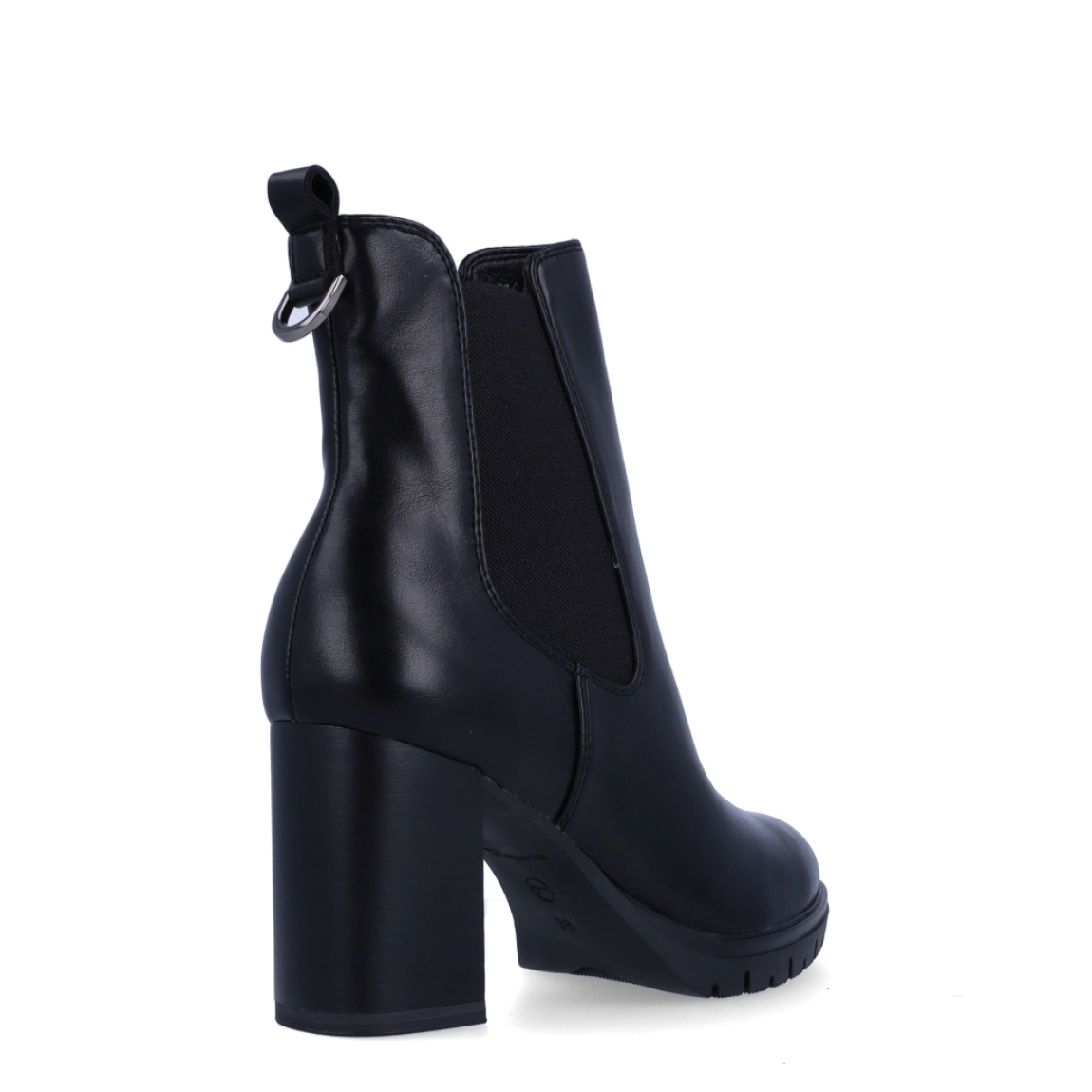 Botines chelsea de tacón de la marca Tamaris, modelo TOWER. Confeccionados en ecopiel de acabado suave en color negro, destacan por su diseño estilizado con elásticos laterales y un original tirador trasero con anilla metálica. Cuentan con plantilla interior acolchada de gran confort, un tacón bloque de 8 cm y una plataforma delantera con suela dentada que compensa la inclinación para ofrecer máxima estabilidad. Ideales para combinar con pantalones de vestir, faldas midi o tejanos anchos con blazer para estilizar la silueta en cualquier ocasión especial o de diario. ¡El botín sofisticado de tendencia que combina altura y confort absoluto!