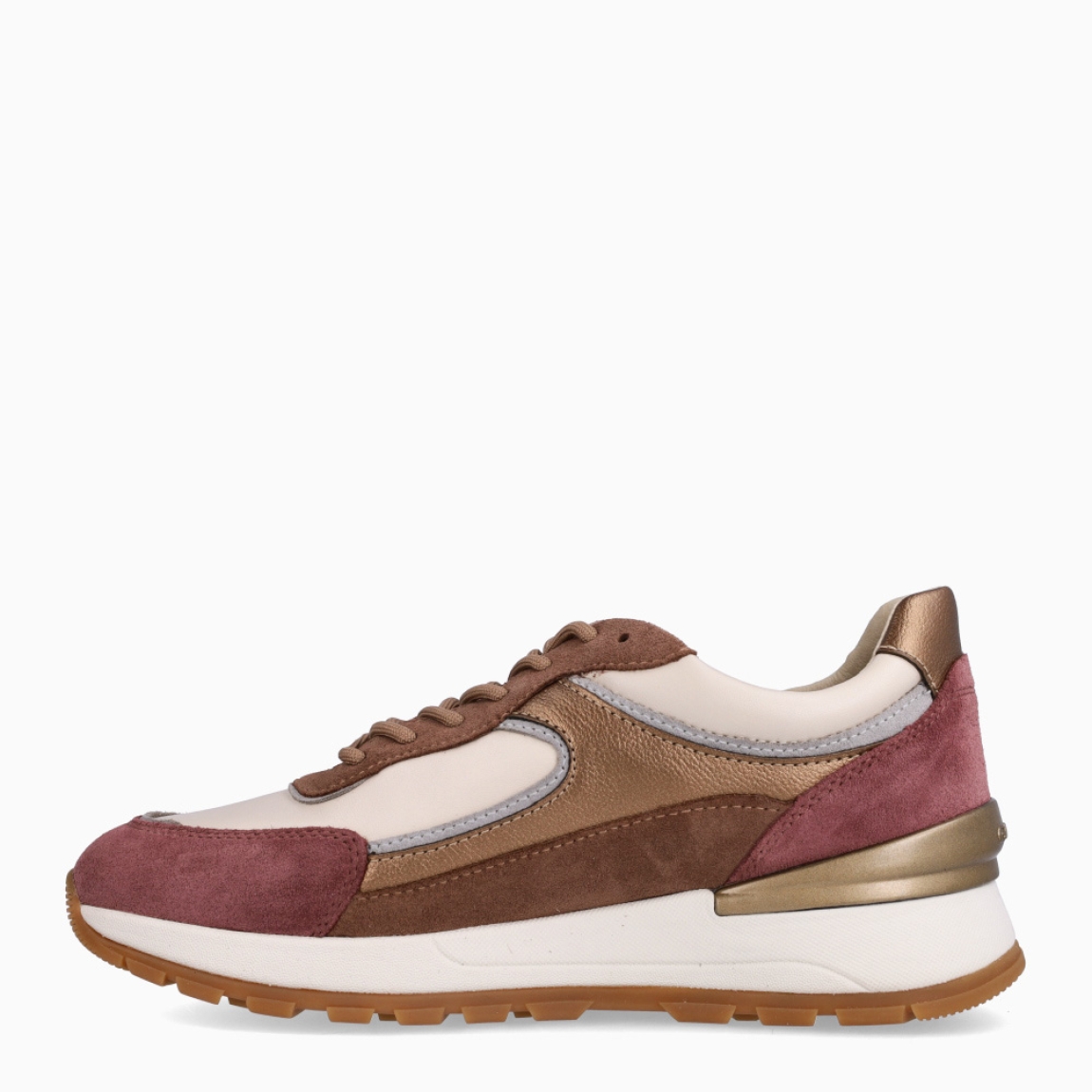 Deportivas de la marca Geox, modelo DESYA ABX. Deportivas elaboradas en piel color marrón, beig y granate, con detalles metalizados en el talón.. Deportivas con cierre a cordones. Deportivas Geox con suela de cuña. Deportivas GEOX DESYA ABX, ideal para ti!
