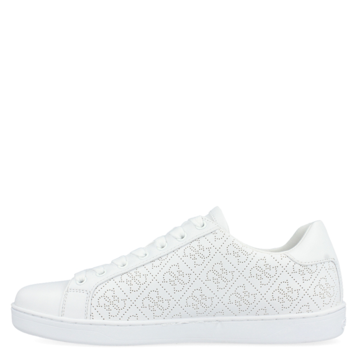 Deportiva de la marca Guess modelo Rosalia. Exterior de la deportiva en polipiel de color blanco con logo 4g de Guess calado. Interior en textil de color blanco. Cierre de la deportiva con cordones. Punta del zapato redonda. Suela de goma con 2,5 cm de plataforma. Inscripción del logo de Guess frontal. La zapatilla Guess Rosalia és ideal para el día a día!