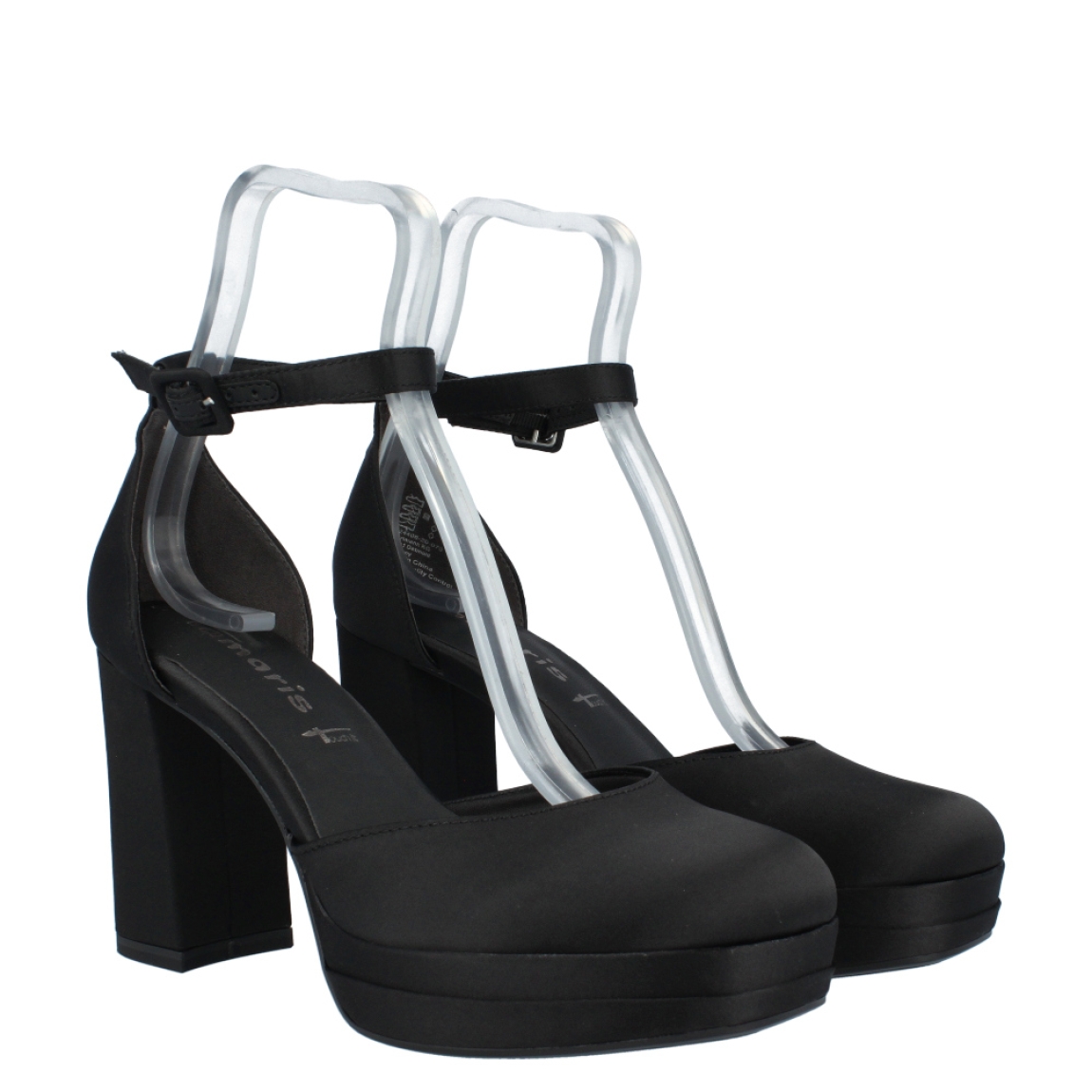 Sandalia de la marca Tamaris, modelo Antonella. Exterior de la sandalia en textil de color negro. Interior de la sandalia en textil de color negro. Cierre de la sandalia con hebilla en el tobillo. Sandalia con tacón de 9 cm de altura. Sandalia con plataforma de 2,5 cm de altura. Sandalia vegana de la marca Tamaris. La sandalia Tamaris Antonella es cómoda y un básico de fondo de armario.