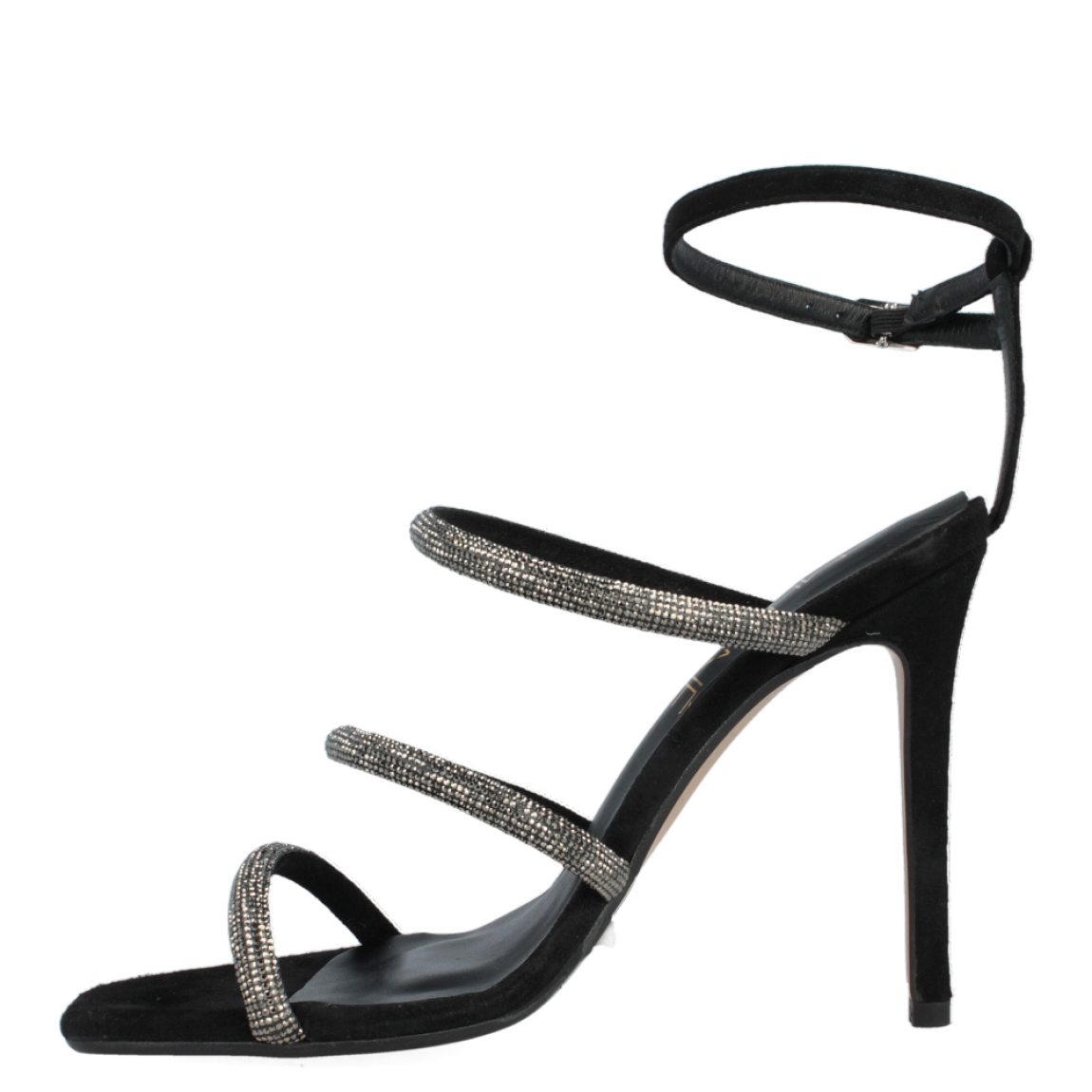 Sandalia con tiras brillantes de la marca Munné, modelo Escanes. Exterior de la sandalia de piel de color negro, con tiras brillantes plateadas. Interior de la sandalia de piel de color negro. Cierre de la sandalia con hebilla en el tobillo. Sandalia con tacón alto de 11 cm de altura. La sandalia Wurit de Munné es una sandalia de fiesta elegante y brillante.