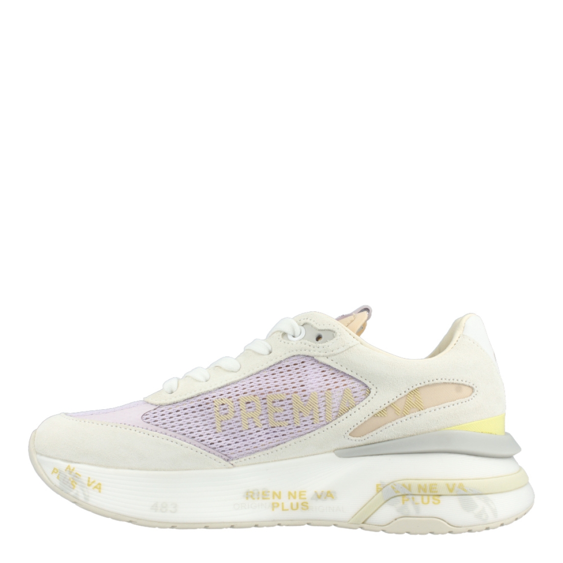 Deportivas de la marca Premiata, modelo MOERUND. Exterior de las deportivas en tela color lila con efecto rejilla, detalle en ante olor beig y logo de la marca en color rosa. Interior de las deportivas en piel color beig. Cierre de las deportivas Premiata con cordones. Deportivas con cuña de 3cm de altura. Estas deportivas Premiata MOERUND son un complemento ideal para tu armario de temporada!
