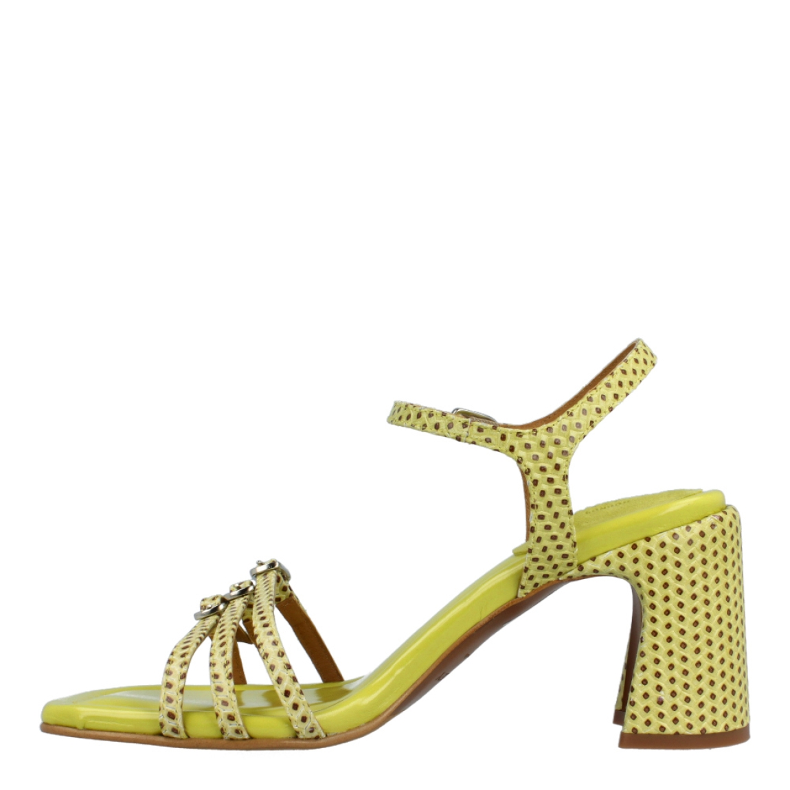 Sandalias de la marca Audley, modelo LEMON. Exterior de las sandalias en piel color verde con estampado de puntos color marrón. Interior de las sandalias en piel color verde. Cierre de las sandalias Audley con hebillas, una en el talón y tres en la pala. Sandalias Audley con tacón de 6cm de altura. Estas sandalias Audley, modelo LEMON, tienen un diseño y color atrevido. Te hará lucir un look único!