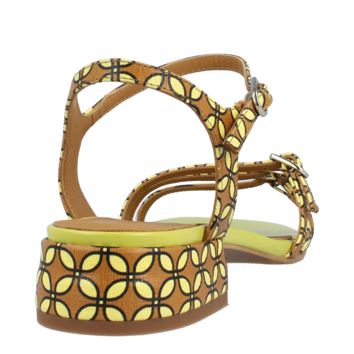 Sandalias de la marca Audley, modelo LEMON-2. Exterior de las sandalias en piel con estampado de colores camel y verde. Interior de las sandalias en piel color camel y verde. Cierre de las sandalias Audley con hebillas, una en el talón y tres en la pala. Sandalias con tacón de 2cm de altura. Estas sandalias Audley, modelo LEMON-2 tienen el diseño y color atrevido que hará que tus looks sean únicos!