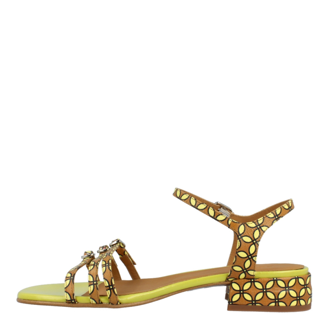 Sandalias de la marca Audley, modelo LEMON-2. Exterior de las sandalias en piel con estampado de colores camel y verde. Interior de las sandalias en piel color camel y verde. Cierre de las sandalias Audley con hebillas, una en el talón y tres en la pala. Sandalias con tacón de 2cm de altura. Estas sandalias Audley, modelo LEMON-2 tienen el diseño y color atrevido que hará que tus looks sean únicos!