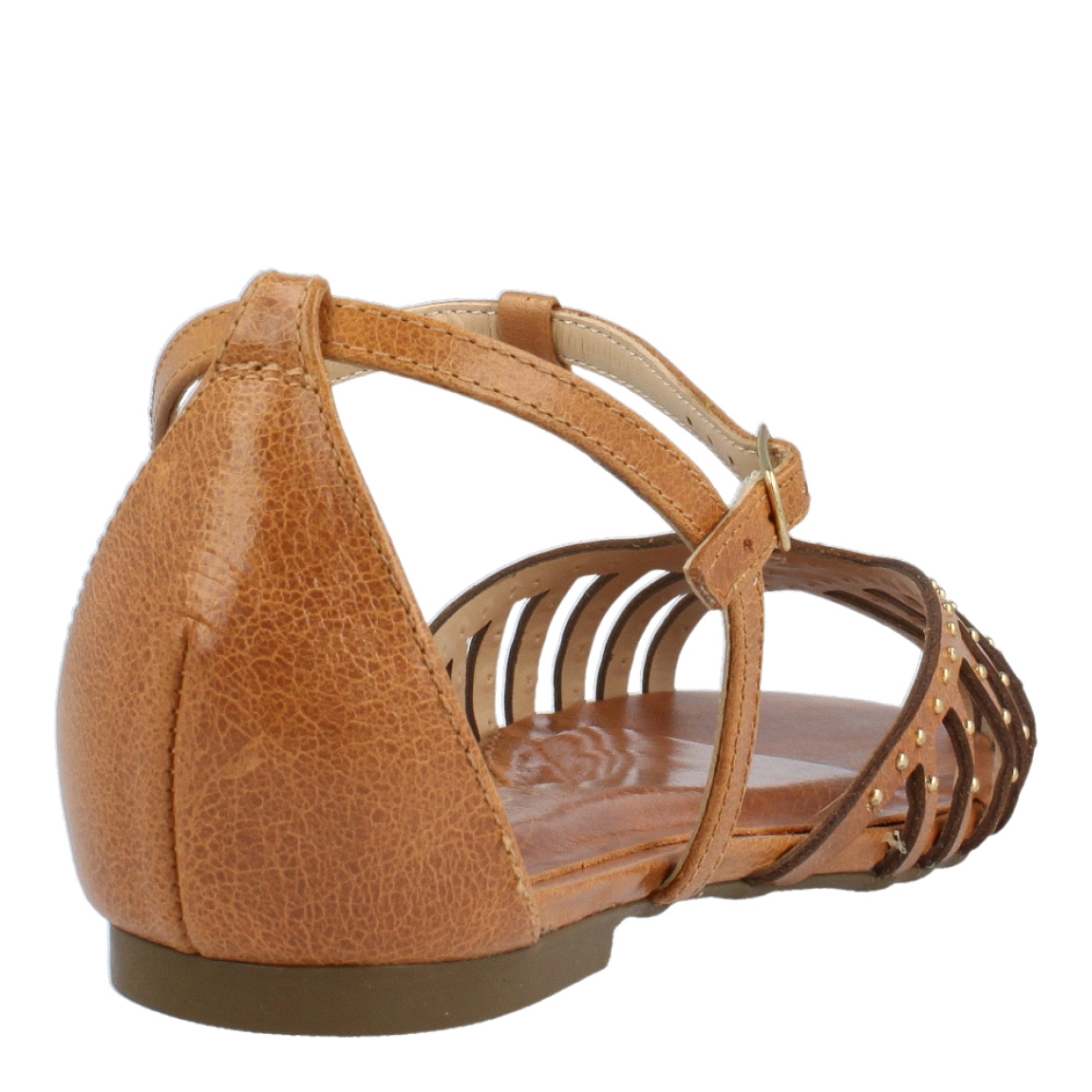 Sanalias de la marca Unique, modelo ELECTRA. Exterior de las sandalias en piel color cuero con detalle en tachas. Interior de las sandalias en piel color cuero. Cierre de las sandalias UNIQUE con hebilla en el tobillo. Estas sandalias Unique ELECTRA traen un diseño que te ayudará a lucir unos looks con estilo y comodidad a donde vayas.