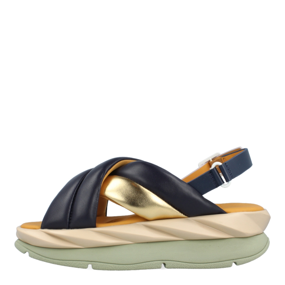Sandalias de la marca 4CCCCEES, modelo MELLOW MELA. Exterior de las sandalias en piel color azul con detalle en dorado y pala cruzada. Interior de las sandalias en piel color amarillo. Cierre con hebilla en el tobillo color rosado. Sandalias 4CCCCEES con plataforma de 4cm de altura con diseño ondulado color beig y verde. Estas sandalias 4CCCCEES MELLOW MELA tiene el diseño perfecto entre originalidad y ligereza que te acompañará en tu día a día en esta temporada.