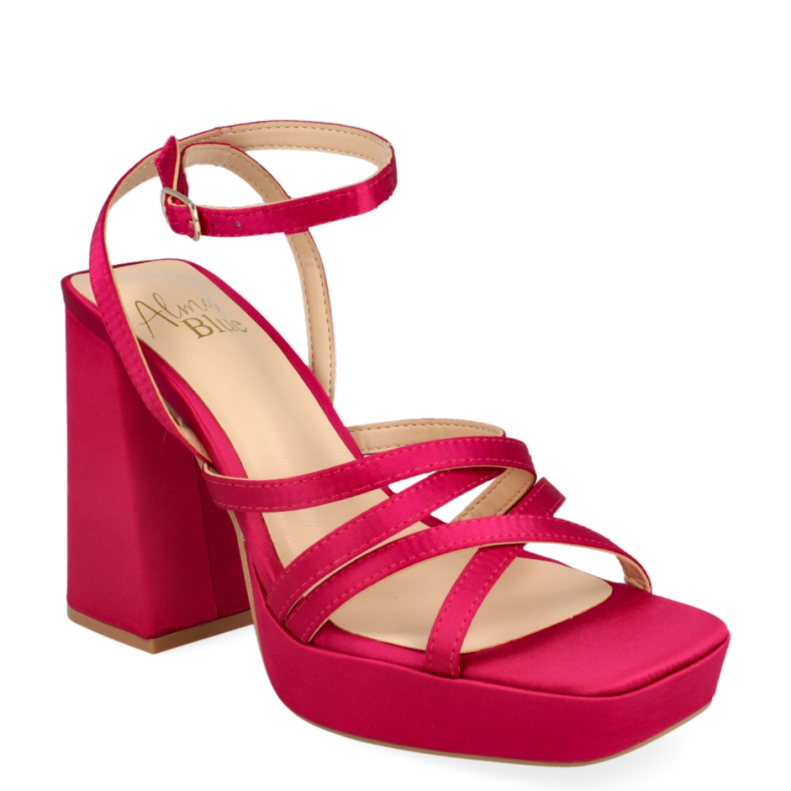 Sandalia de la marca Blue by Alma en Pena, modelo Olma. Exterior de la sandalia de piel de color fucsia. Sandalia con tiras en la pala. Interior de la sandalia de piel de color fucsia y beig. Cierre de la sandalia con hebilla en el tobillo. Sandalia con plantilla acolchada, para garantizar el máximo confort. Sandalia con tacón alto y ancho de 10 cm de altura, incluyendo 3 cm de plataforma. La sandalia de fiesta de Alma en Pena, modelo Olma, es una sandalia de fiesta muy atrevida, cómoda y versátil. ¡Ideal para dar color a tus looks, es una apuesta a lo seguro!