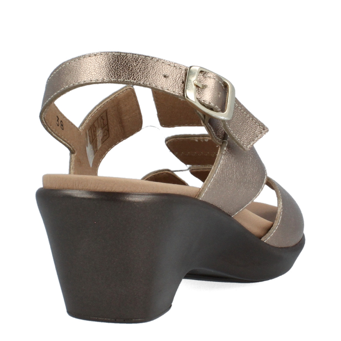 Sandalias de la marca PieSanto, modelo NIKITA. Exterior de las sandalias en piel color bronce con detalle de brillantes en la pala. Interior de las sandalias en piel color marrón. Cierre de las sandalias PieSanto con hebilla en el tobillo y cuña de 4cm de altura. Estas sandalias PieSanto NIKITA son un complemento ligero y perfecto para esta temporada. No te puede faltar en el armario.