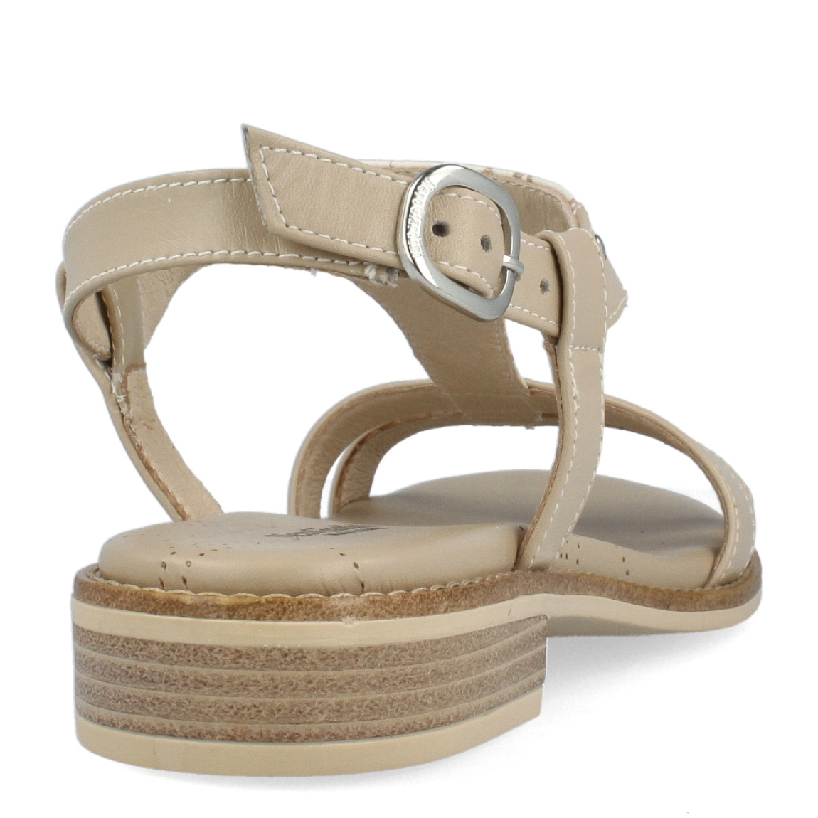 Sandalias de la marca Nerogiardini, modelo E39. Exterior de las sandalias en piel color beig con detalle de estampado de la marca y tiras en la pala. Interior de las sandalias en piel color beig. Cierre de las sandalias Nerogiardini con hebilla en el tobillo y un tacón de 2cm de altura. Estas sandalias Nerogiardini E39 son un complemento clásico para el día a día de esta temporada.
