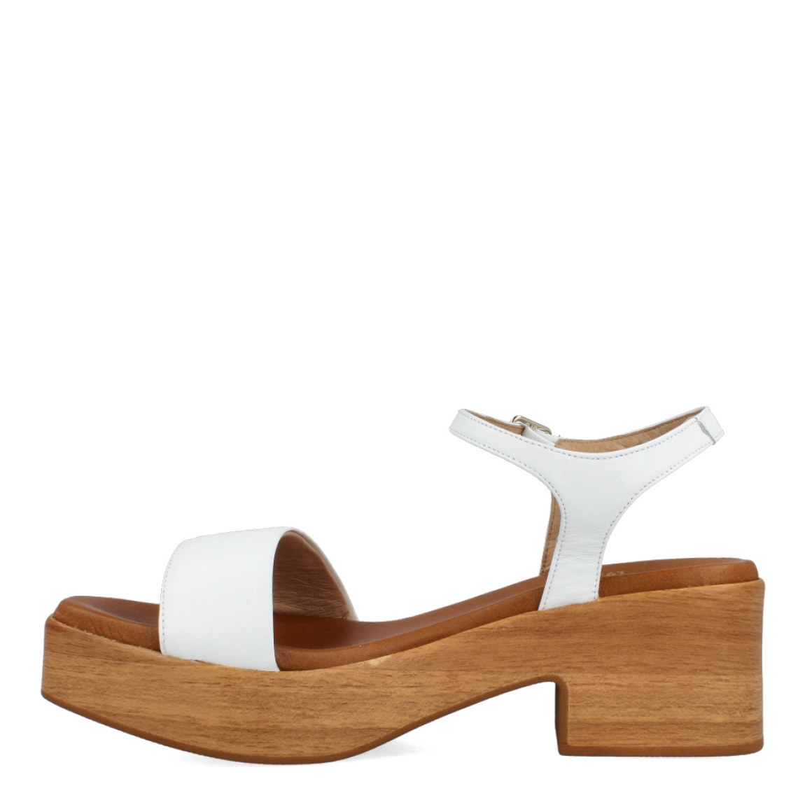 Sandalias de la marca Munné, modelo CATERINE. Exterior de las sandalias en piel color blanco. Interior de las sandalias en piel color camel. Cierre de las sandalias Munné con hebilla en el tobillo y tacón de 5cm de altura. Estas sandalias Munné CATERINE son unas clásicas para esta temporada, podrás crear diferentes looks con estilo y comodidad.