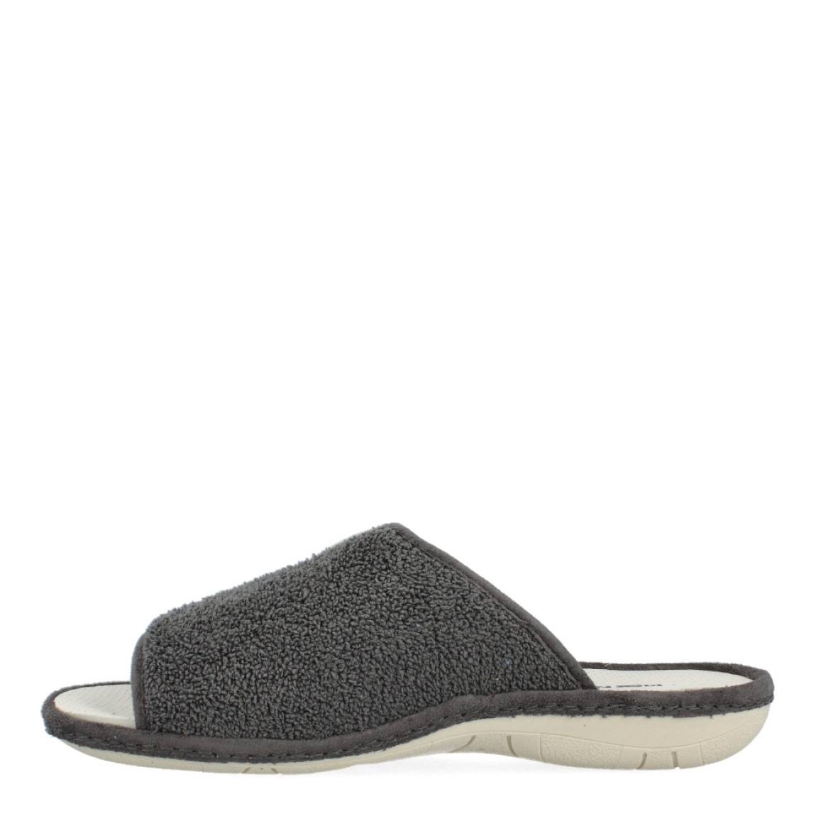 Zapatillas de la marca Nordikas, modelo BOREAL. Exterior de las zapatillas en toalla color gris. Interior de las zapatillas en piel troquelada color blanco. Zapatillas con suela plana y de goma. Estas zapatillas Nordikas BOREAL te garantizan la comodidad y ligereza que necesitas para estar en casa.