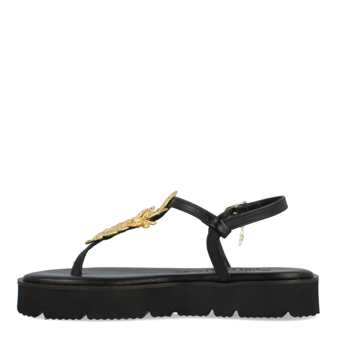 Esclavas de la marca Caryatis, modelo LAREA. Exterior de las sandalias en piel color negro con detalles en metálico dorado en forma de hojas en la pala. Cierre de las sandalias con hebilla y plataforma de 2cm de altura. Estas sandalias Caryatis LAREA son un complemento ideal para esta temporada. Podrás crear diferentes looks con la máxima comodidad posible.