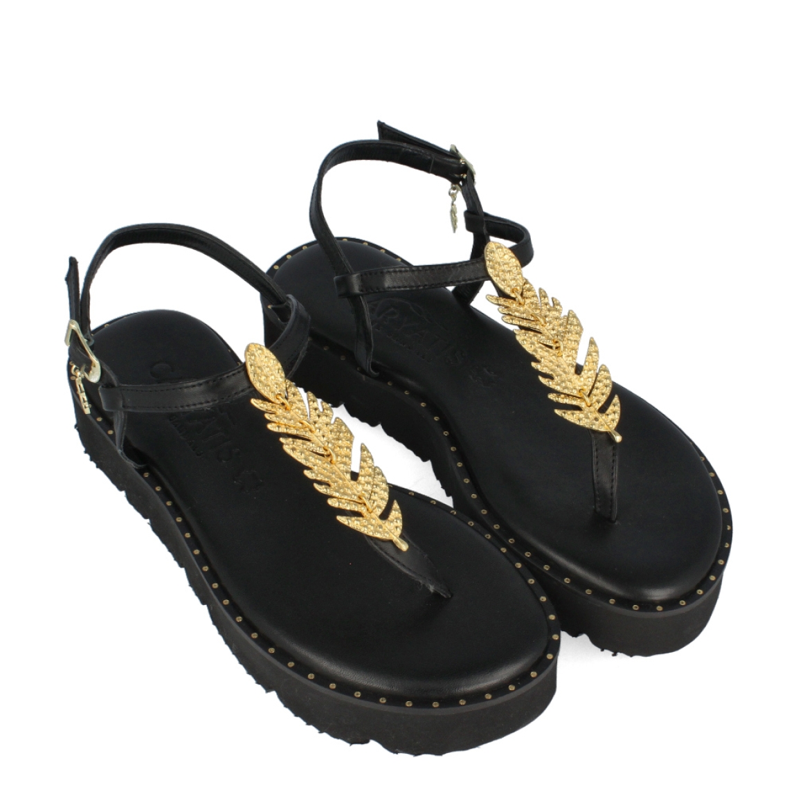 Esclavas de la marca Caryatis, modelo LAREA. Exterior de las sandalias en piel color negro con detalles en metálico dorado en forma de hojas en la pala. Cierre de las sandalias con hebilla y plataforma de 2cm de altura. Estas sandalias Caryatis LAREA son un complemento ideal para esta temporada. Podrás crear diferentes looks con la máxima comodidad posible.