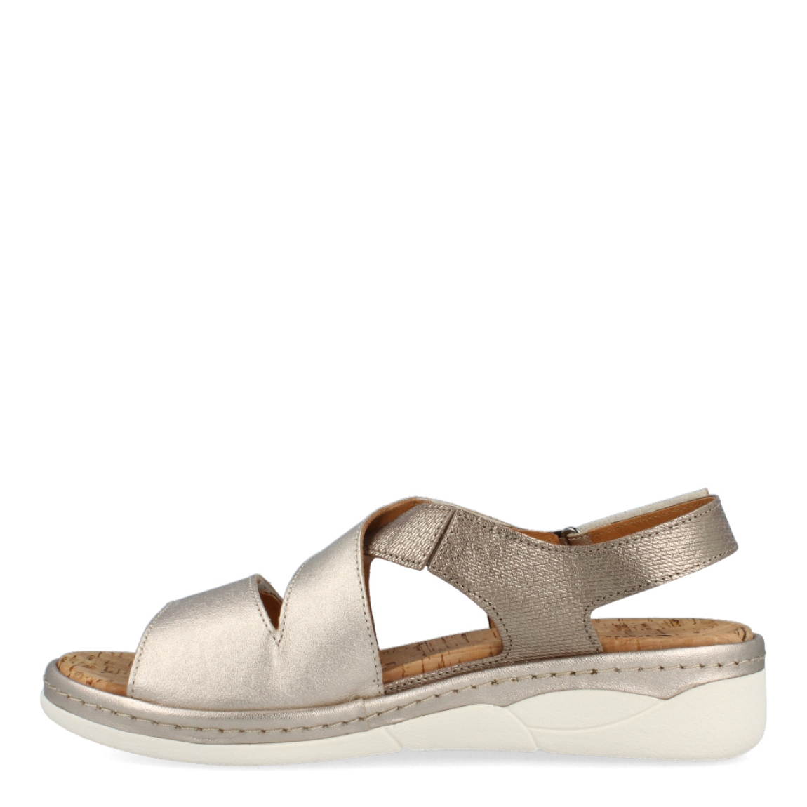 Sandalias de la marca Comfort Class, modelo WANDA. Exterior de las sandalias en piel color platino. Interior de las sandalias en piel color corcho. Cierre de las sandalias Comfort Class con doble velcro en el tobillo y cuña de 4cm de altura. Estas sandalias Comfort Class WANDA es el complemento ideal para esta temporada, crearás diferentes looks con la máxima comodidad posible.