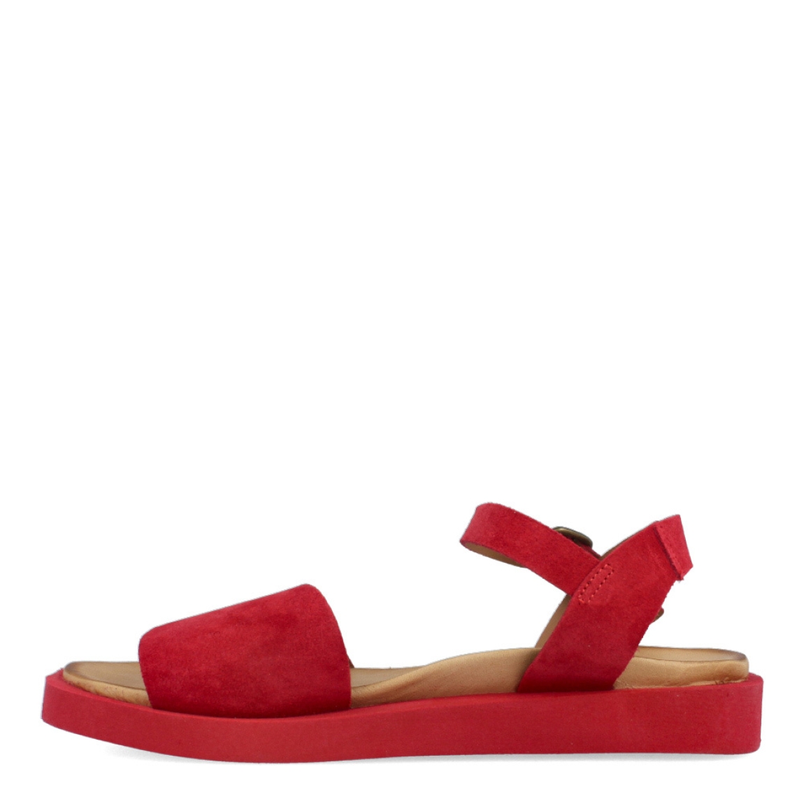 Sandalias de la marca Itse, modelo VILMA. Exterior de las sandalias en ante color rojo. Interior de las sandalias en piel color marrón. Cierre de las sandalias con hebilla en el tobillo y suela plana. Estas sandalias Itse VILMA tienen el color rojo tendencia de temporada, lo que hará resaltar tus looks a donde vayas.