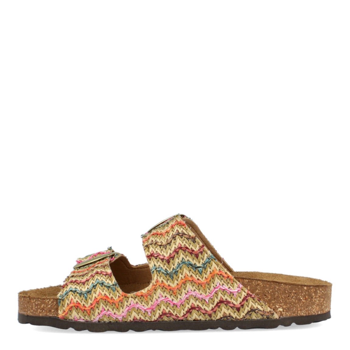 Sandalias de la marca Itse, modelo LARISA. Exterior de las sandalias en rafia multicolor. Interior de las sandalias en ante color camel. Cierre de las sandalias Itse con doble hebilla, en pala y empeine. Estas sandalias Itse LARISA son un complemento perfecto para temporada, podrás resaltar tus looks con la máxima comodidad posible.