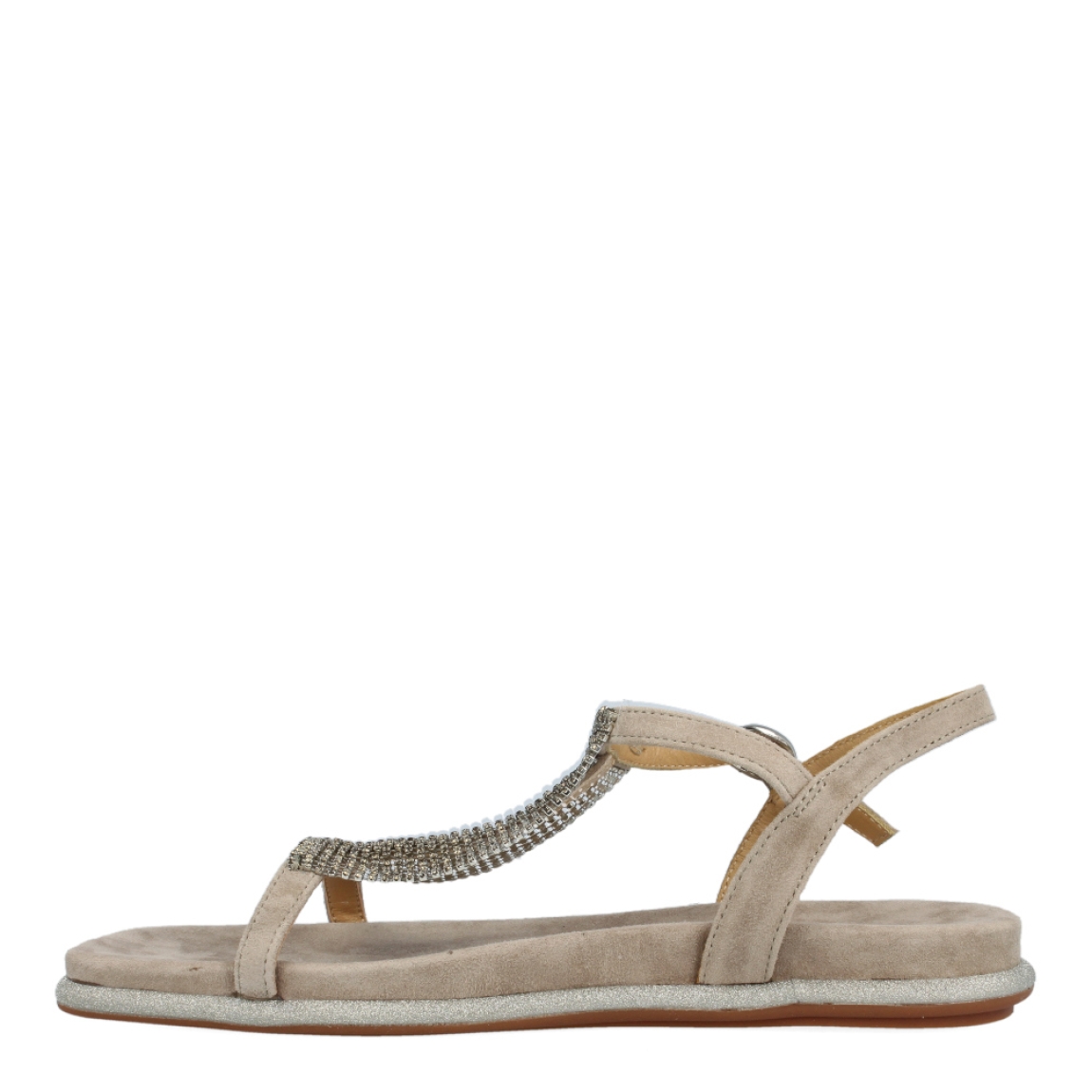 Sandalias de la marca Alma en Pena, modelo VIEZMA. Exterior de las sandalias en ante color taupe con detalle de brillantes en la pala. Interior de las sandalias en ante color taupe. Cierre con hebilla y suela plana. Estas sandalias Alma en Pena VIEZMA son un complemento ideal para darle un estilo innovador a tus looks y sobre todo disfrutar de una comodidad máxima gracias a su ligereza.