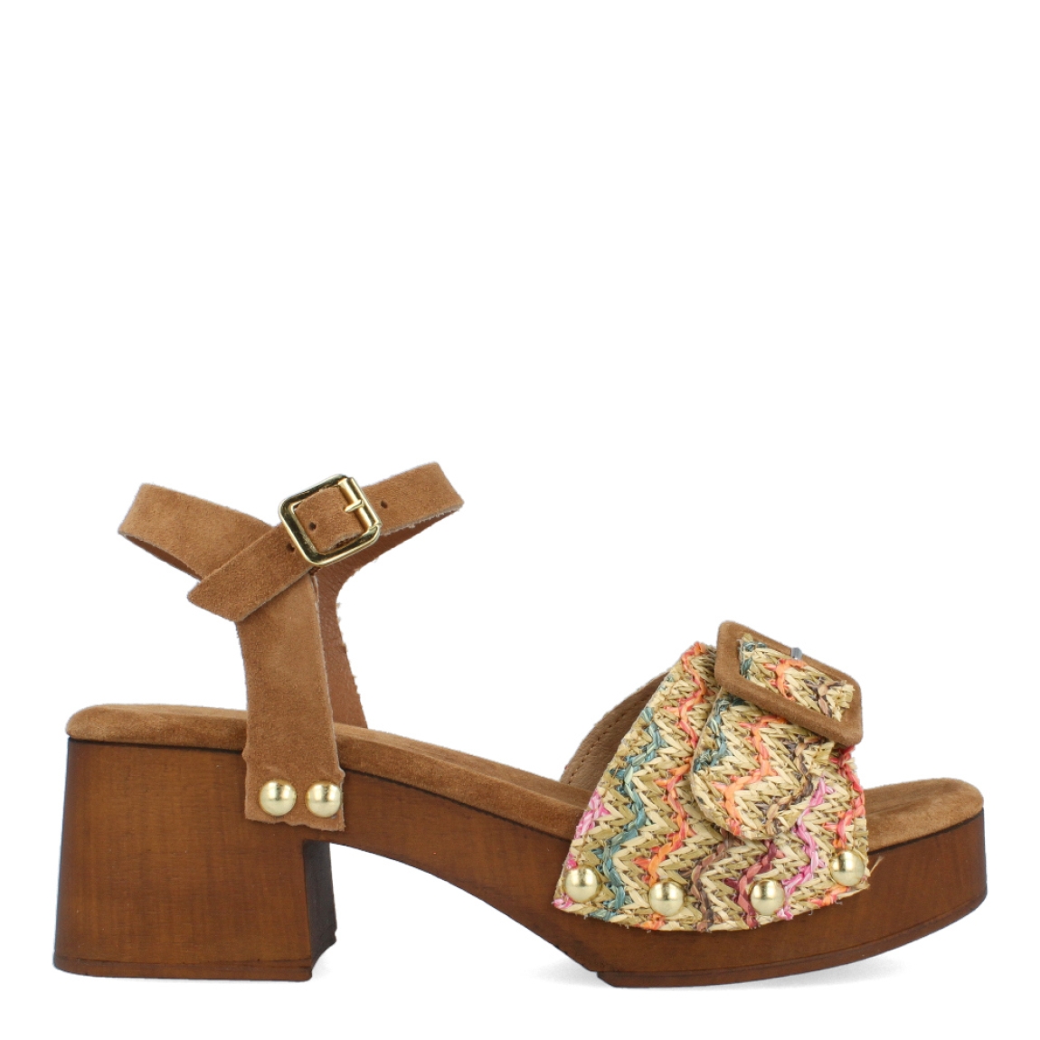 Sandalias de la marca Itse, modelo LARISA. Exterior de las sandalias en rafia multicolor con detalle de hebilla en la pala. Interior de las sandalias en ante color camel. Cierre de las sandalias con hebilla pulsera y tacón de 5cm de altura. Estas sandalias Itse LARISA tienen el diseño y comodidad que necesitas para resaltar tus looks de temporada. No te puede faltar en el armario.