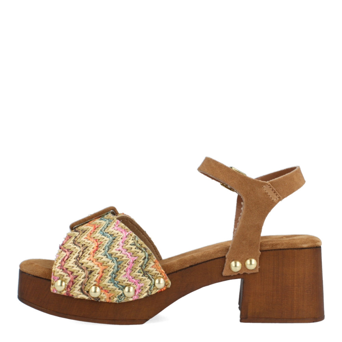 Sandalias de la marca Itse, modelo LARISA. Exterior de las sandalias en rafia multicolor con detalle de hebilla en la pala. Interior de las sandalias en ante color camel. Cierre de las sandalias con hebilla pulsera y tacón de 5cm de altura. Estas sandalias Itse LARISA tienen el diseño y comodidad que necesitas para resaltar tus looks de temporada. No te puede faltar en el armario.