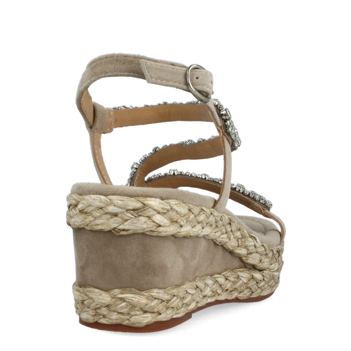 Sandalias de la marca Alma en Pena, modelo BRILLE. Exterior de las sandalias en ante color taupe con tiras brillantes. Interior de las sandalias en ante colr taupe. Cierre de las sandalias Alma en Pena con hebilla y cuña de 6cm de altura. Estas sandalias Alma en Pena BRILLE tienen el diseño que necesitas para destacar tus looks con elegancia y comodidad. No puede faltar en el armario.