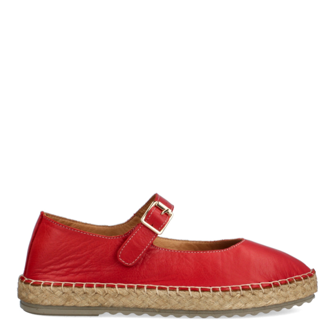 Merceditas de la marca Isteria, modelo OFELIA. Exterior de las merceditas en piel color rojo. Interior en piel colro camel. Cierre de las merceditas Isteria con hebilla y suela plana. Estas merceditas Isteria OFELIA son unas clásicas en tu armario de temporada. No te pueden faltar.